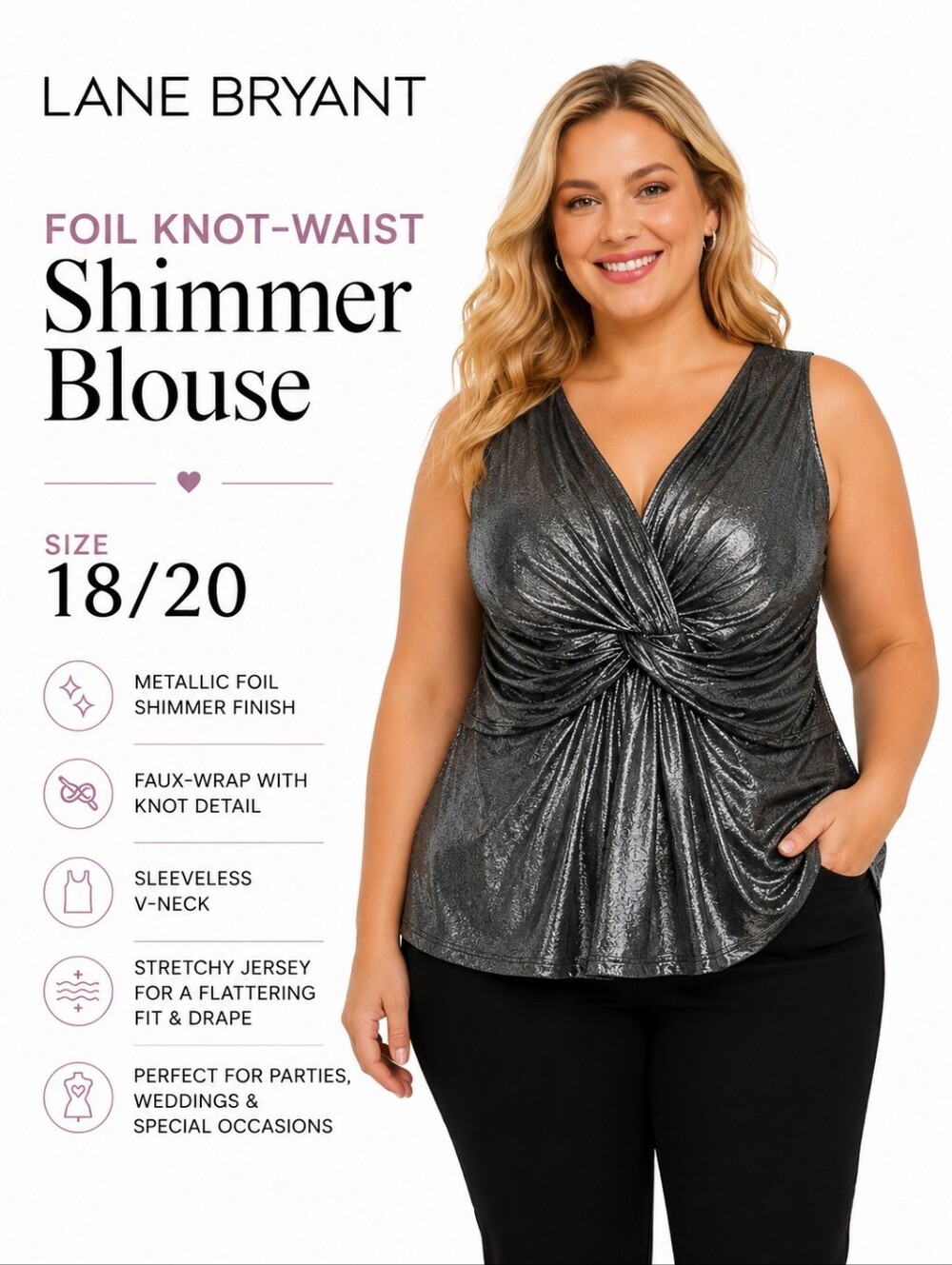 Lane Bryant Faux-Wrap Foil Knot-Waist Shimmer Blouse Size 18/20